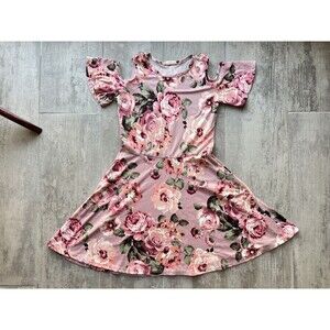 BTWEEN Pink Flower Rose Cold Shoulder Short Sleeved Skater Dress Stretch Soft 10